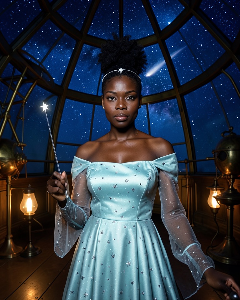 AI Halloween trend example: woman in a pale aqua starlit gown and silver circlet under an observatory dome at night