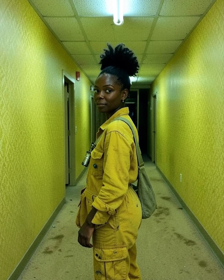 AI Halloween trend example: woman in a mustard jumpsuit looking back in an endless yellow-wallpapered fluorescent office corridor