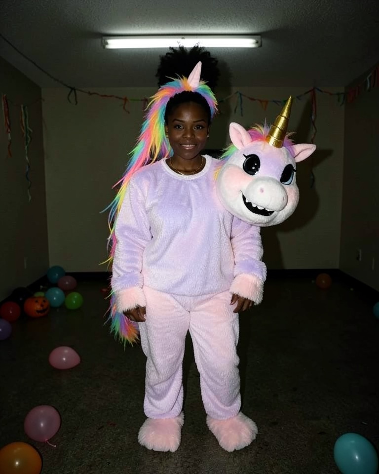 AI Halloween trend example: woman in a pastel plush unicorn mascot suit holding the grinning unicorn head under her arm in a dim party hall