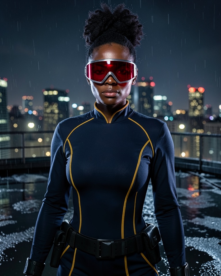 AI Halloween trend example: woman wearing a glowing ruby wraparound visor and navy tactical suit on a wet city rooftop at night