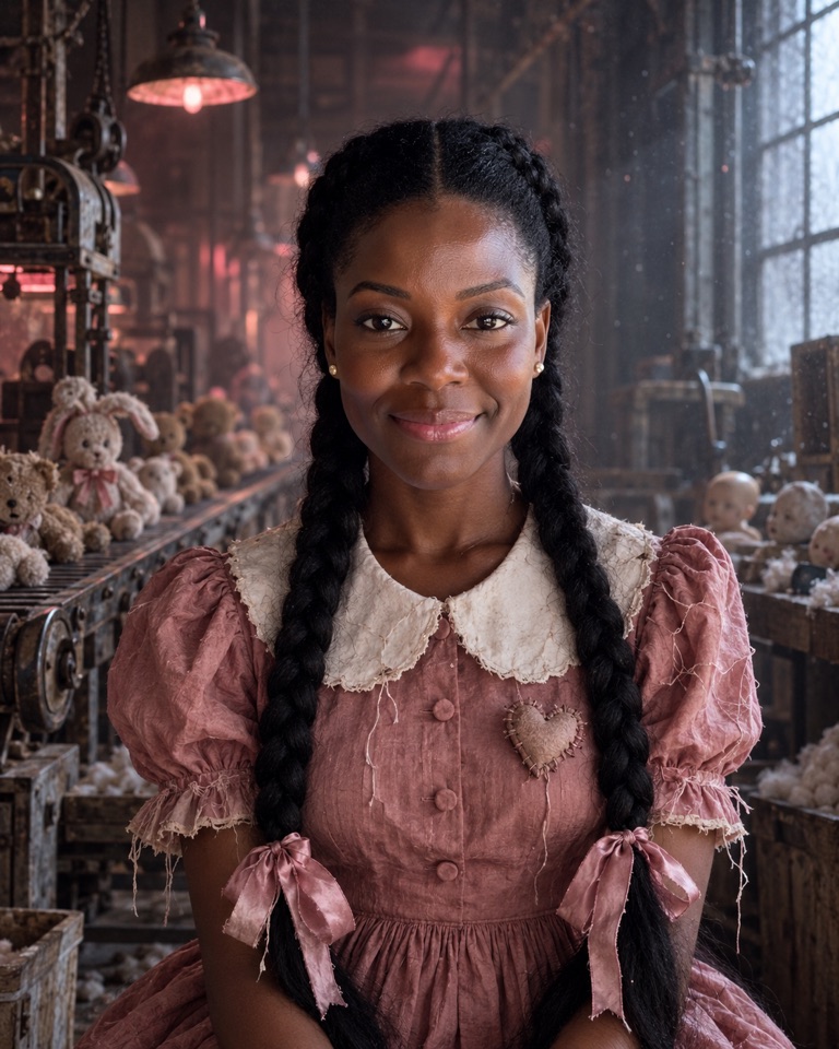 AI Halloween trend example: woman with very long black braids and pink ribbons in a rose doll dress inside an abandoned toy factory